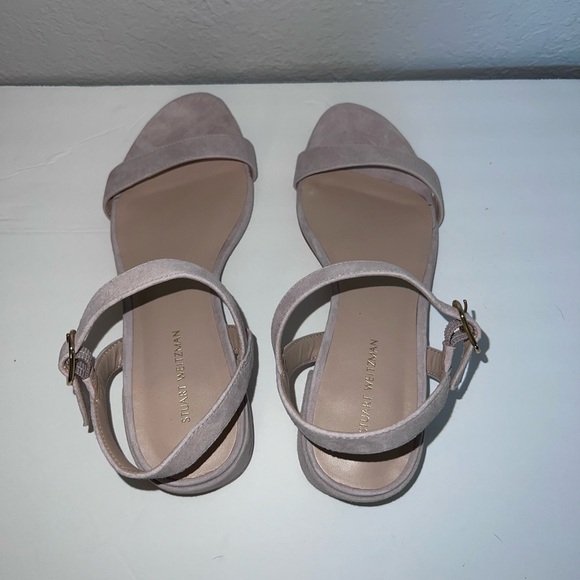 Stuart Weitzman Dancer 35 Raffia Block Sandals Pink Suede - Picture 8 of 12